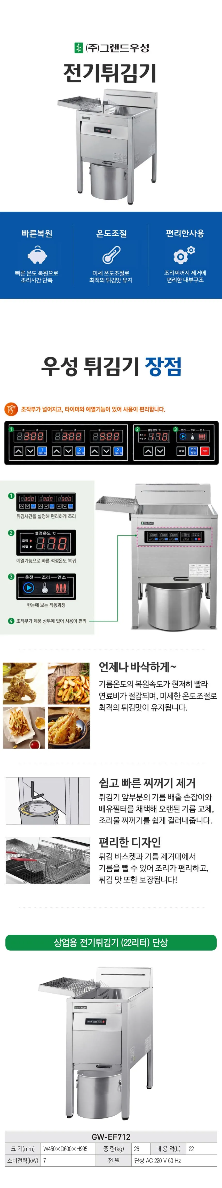 [그랜드우성] 업소용 전기 튀김기 22L 단상 (36) GW-EF712 상세 이미지 1