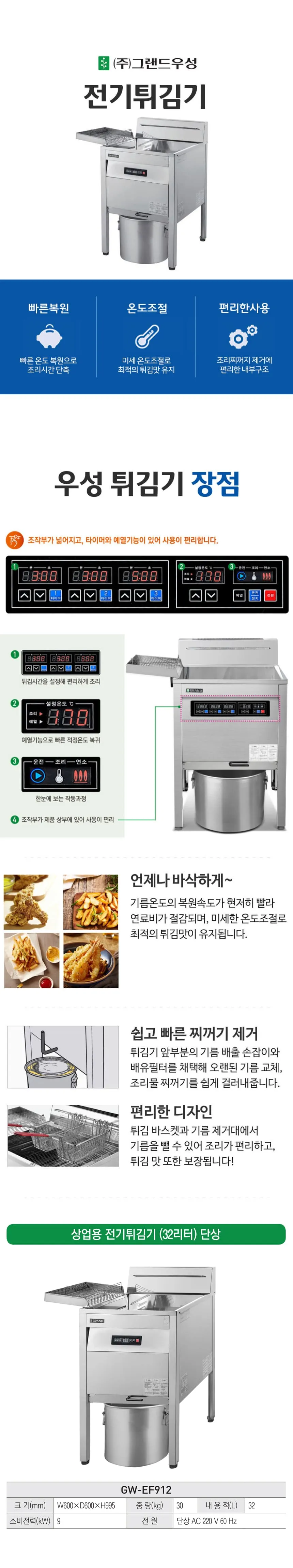 [그랜드우성] 업소용 전기 튀김기 32L 단상 (36) GW-EF912 상세 이미지 1